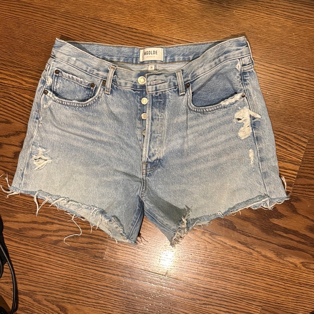 Agolde Blue Jean Shorts with Distressed Raw Hem